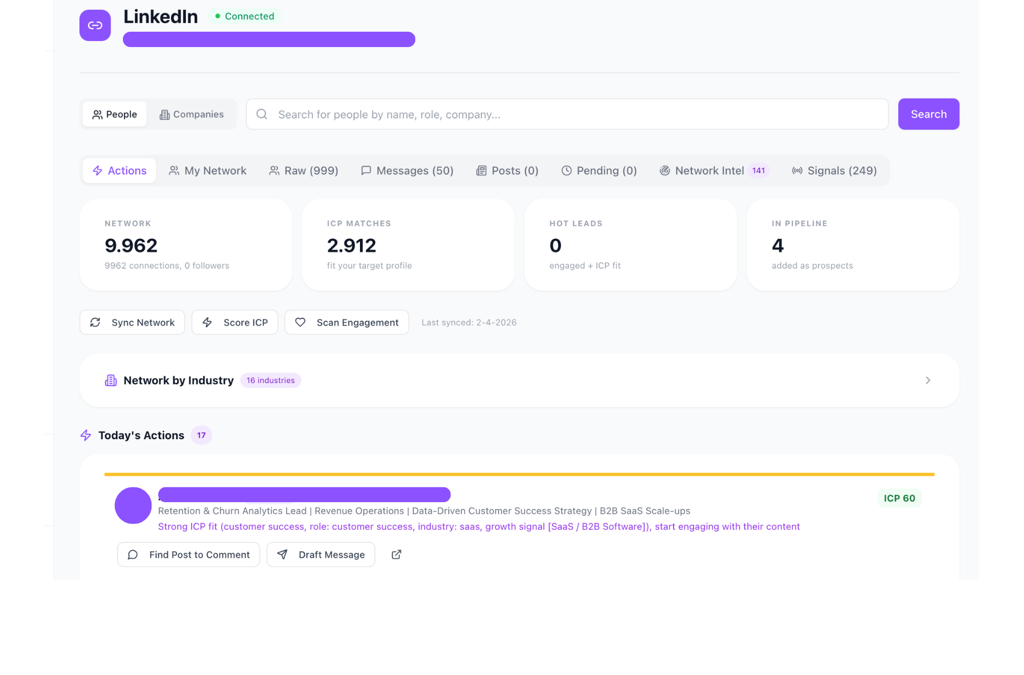 wait who? dashboard showing LinkedIn connections scored by industry